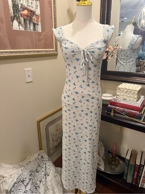 See You Monday White Midi Dress with Blue Floral Print
